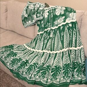 FARM Rio Green and White Floral Maxi skirt with matching one shoulder crop top.